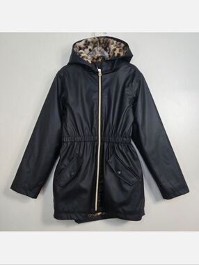 C&C California Girls Black Faux Fur Leopard Lined Raincoat, Size 8 ~ EUC